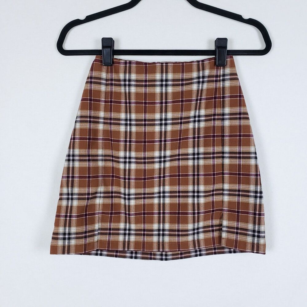 Brandy Melville Womens 90s Schoolgirl Academia Preppy Mini Skirt Brown Plaid